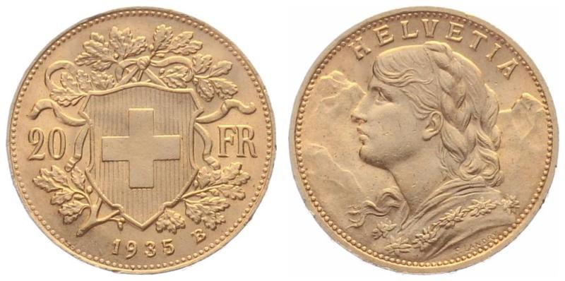 20 Franken 1935 B (o.L) - Vreneli RAR
